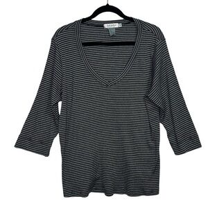 Fresh Produce‎ Gray White Striped 3/4 Sleeve V Neck Blouse Top Size 1X